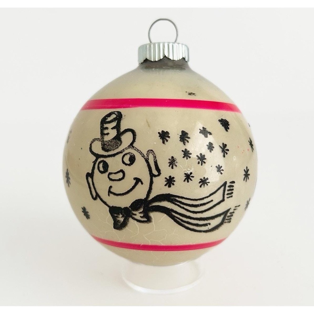 Vintage MCM Shiny Brite Stenciled Frosty Snowman Ornament Kitsch 3" Red Stripe